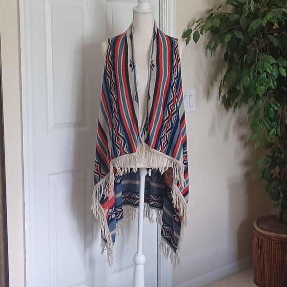 FINAL SALE Copper Key Multicolor Aztec Print Fringe Hem Cardigan Small - Picture 1 of 5